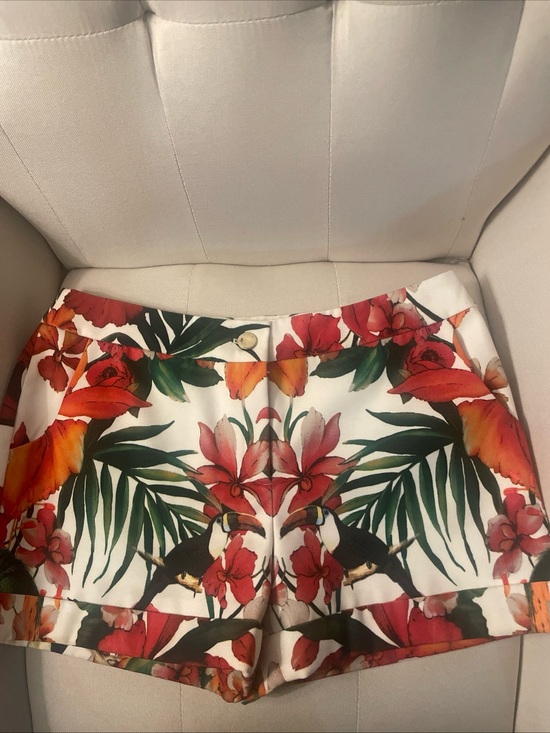 Ted Baker Pants - Ted Baker White Tropical Floral High-Waist Shorts with Red & Green Accents